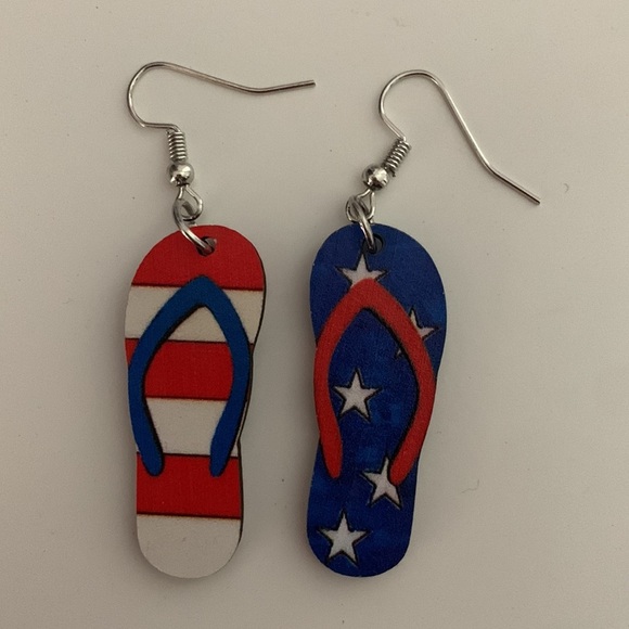 Independence Day Red White and Blue Flip Flop Double Sided Wooden Earrings - Picture 5 of 5